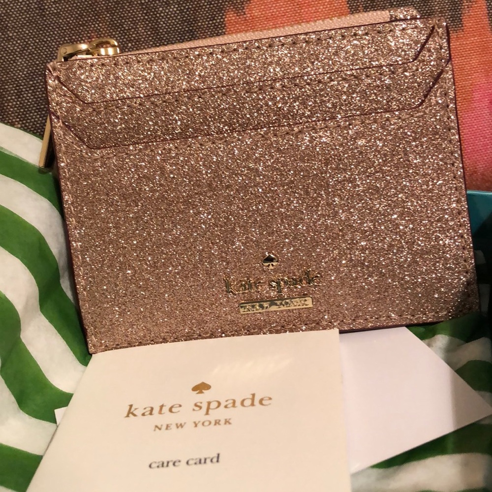 Kate Spade, glitter sm. card holder, Rose Gold.